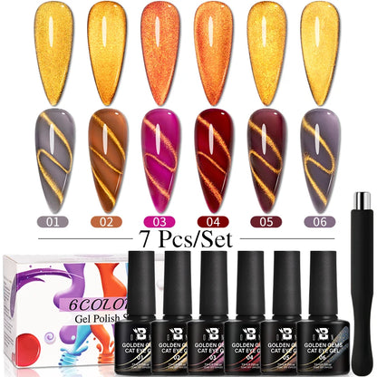 1- 6pc Golden Glitter Cat Magnetic Nail Gel Cat Eye Holographic Reflective Semi Permanent UV Gel Soak Off Sparkling Nail Art
