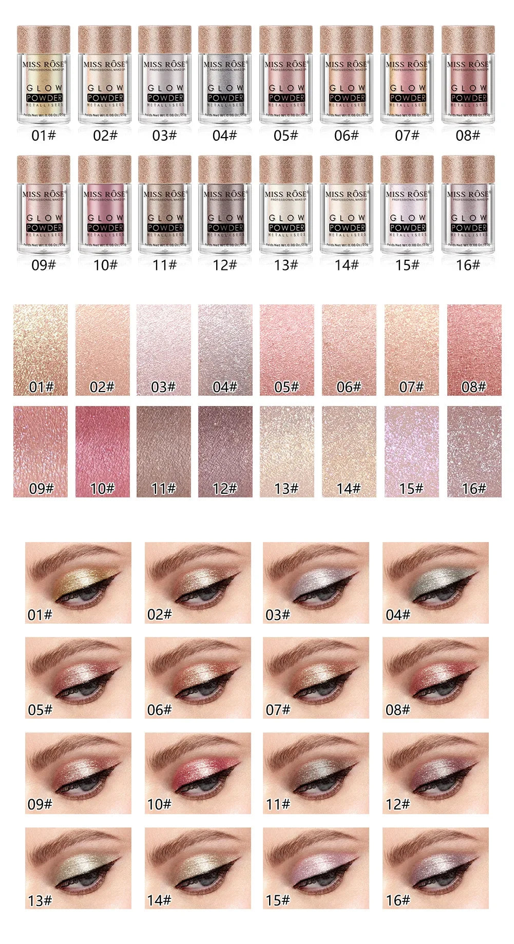 MISS ROSE Single Colour Pearl Diamond Glitter Eyeshadow Make-up High Lighter Shiny Shimmer Brighten Eye Shadow Powder Cosmetics