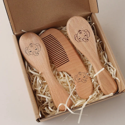 3pcs set engraving panda baby comb brush set newborn gift set Natural Wool beech Wooden Comb Baby Hair Brush air cushion comb