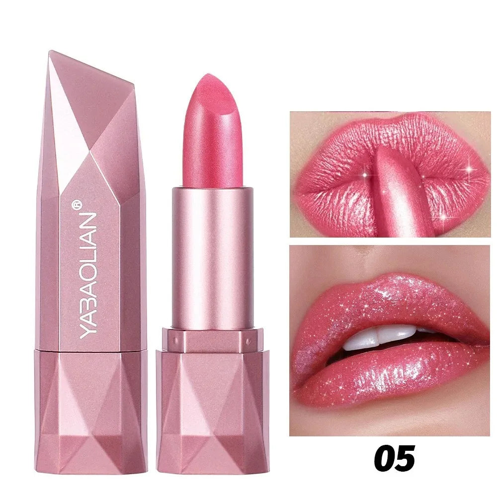 Diamond Nude Rose Pink Lipstick Waterproof Long Lasting Pearlescent Glitter Velvet Lipstick Golden Sparkle Metallic Lips Makeup