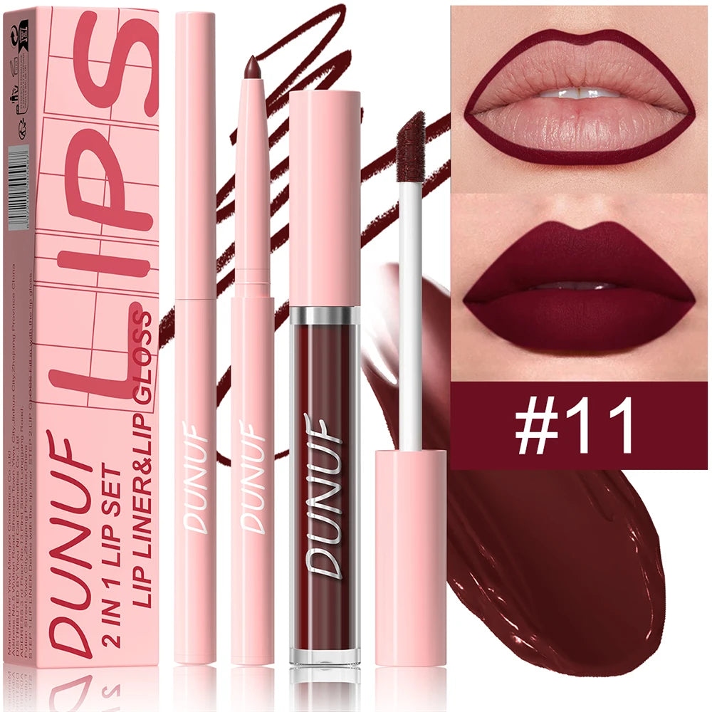 Matte Lip Gloss Lip Liner Set, 2pcs Waterproof Non-sticky Long-Lasting Lipstick, Nude Deep Red Mauve, Y2K Makeup Christmas Gift