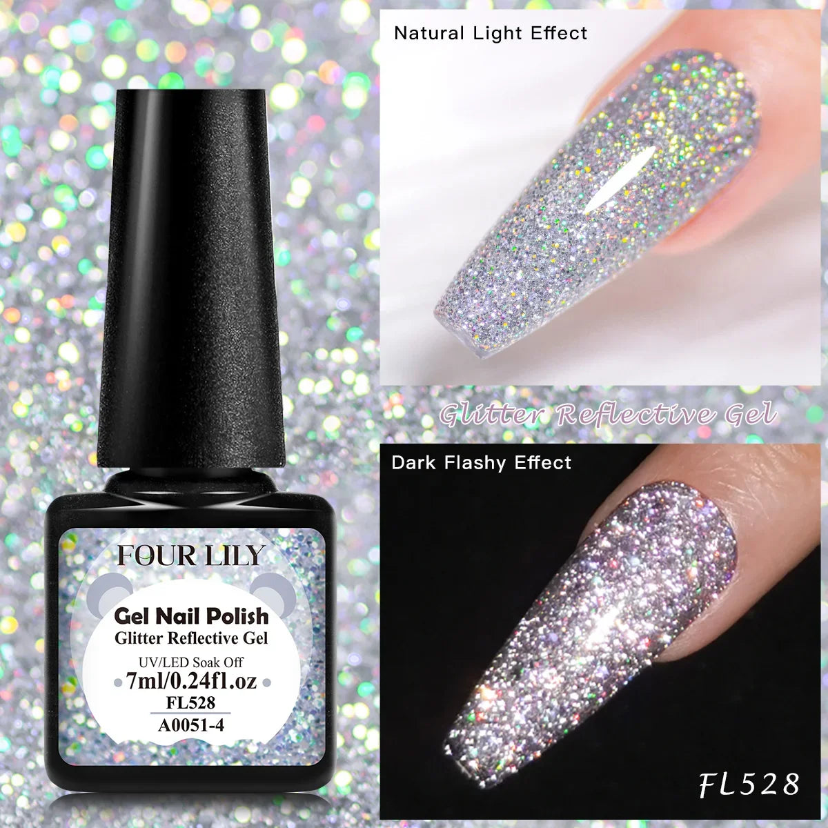 7ml Holographic Reflective Glitter Gel Nail Polish Champagne Gold Sliver Shiny Sparkling Sequins Soak Off UV LED Nail Varnish