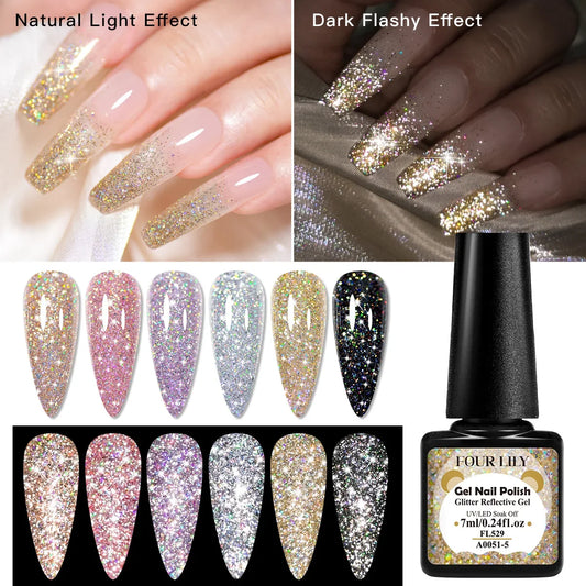 7ml Holographic Reflective Glitter Gel Nail Polish Champagne Gold Sliver Shiny Sparkling Sequins Soak Off UV LED Nail Varnish