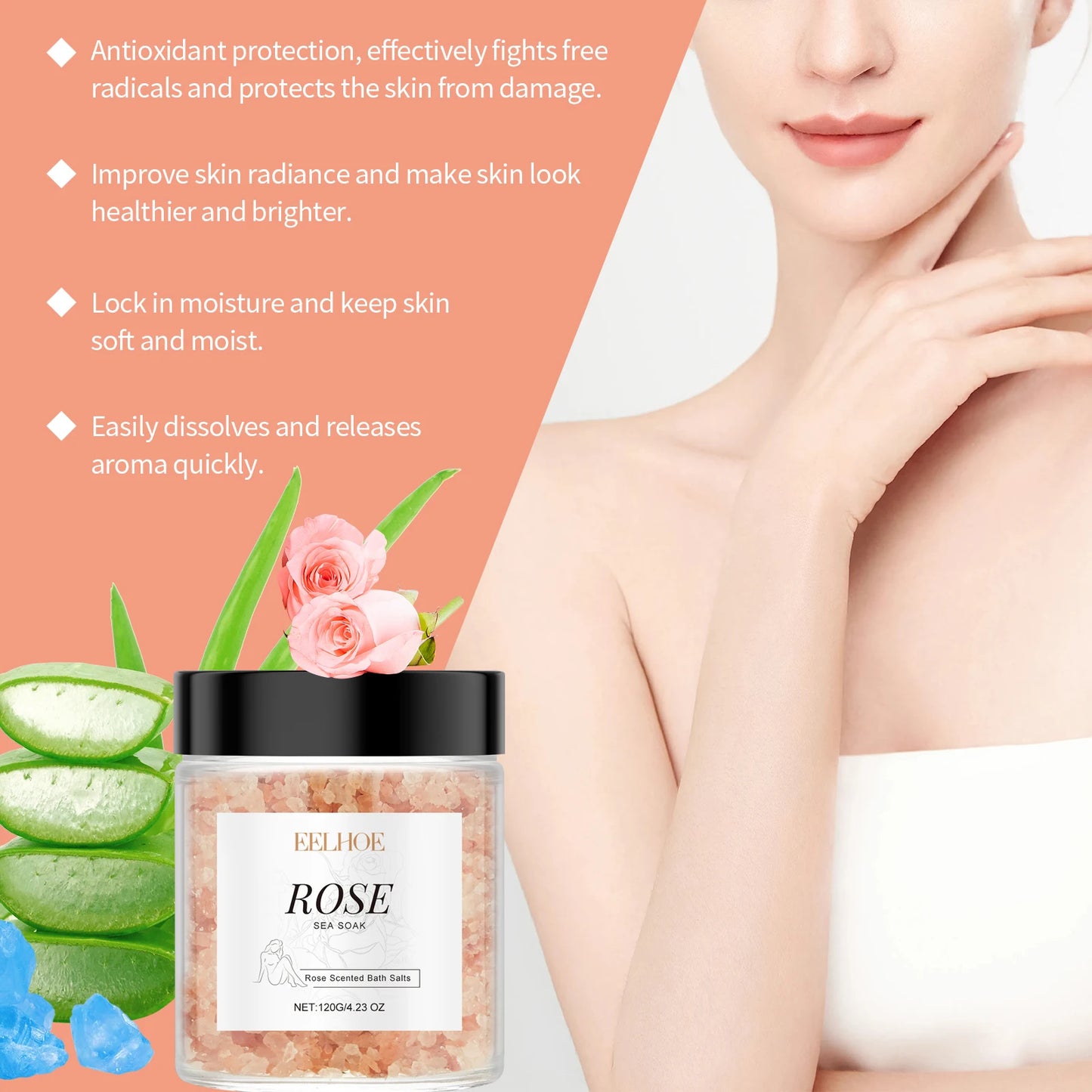 Rose Bath Salts Deep Cleansing Pores Exfoliating Long Lasting Fragrance Shower Relax Stress Relief Aromatherapy Body Skin Care