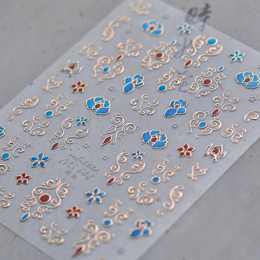 Elegant Gold Scepter 5D Nail Art Stickers Gorgeous Gemstone Luxury Courtly Pattern Necklace Frame Self Adhesive Manicure Decals