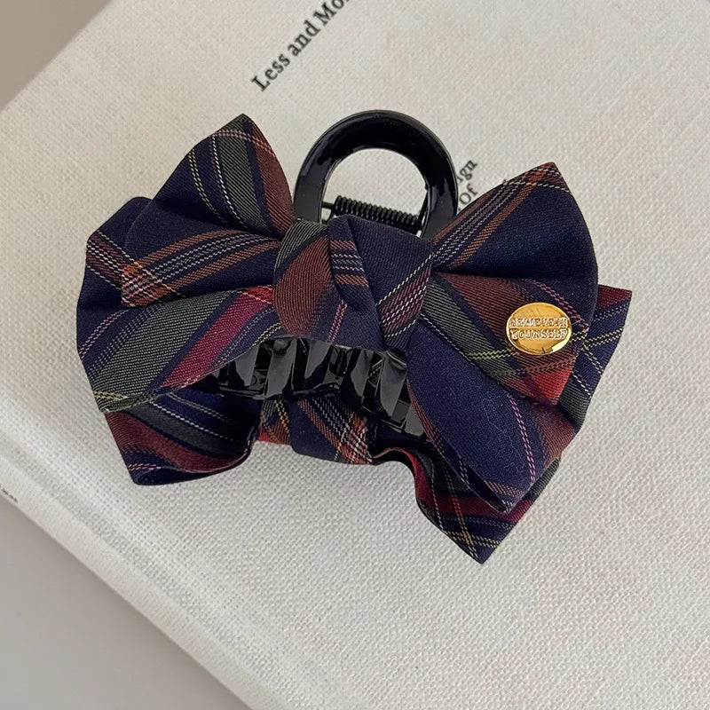 Classic British-Style Fabric Hair Clip with Vintage Plaid Bow Luxury Shark Clip Hair Accessory for Updos