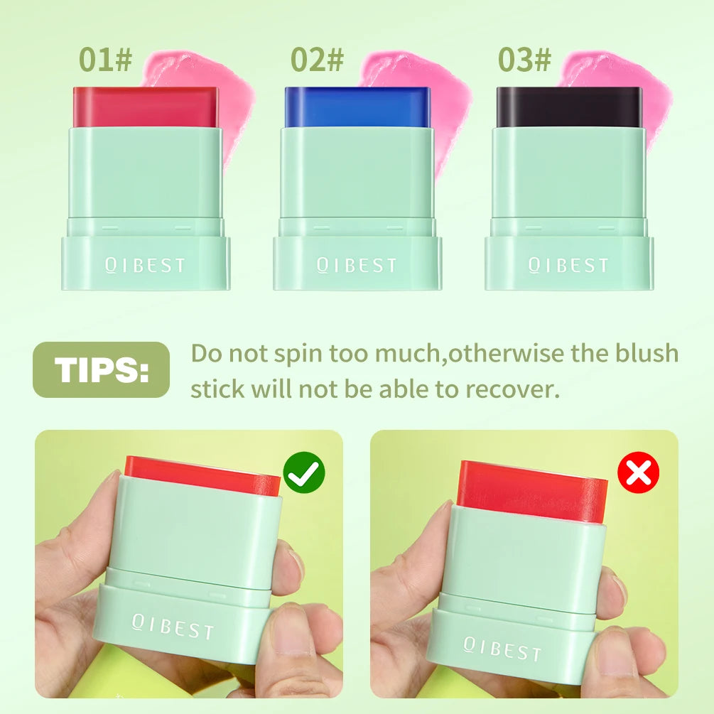 QIBEST 3 Colors Jelly Blush Stick Lip Balm Eyes 3-in-1 Multi-Use Matte Blush Moisturize Brighten Lipstick Watercolor Cosmetics