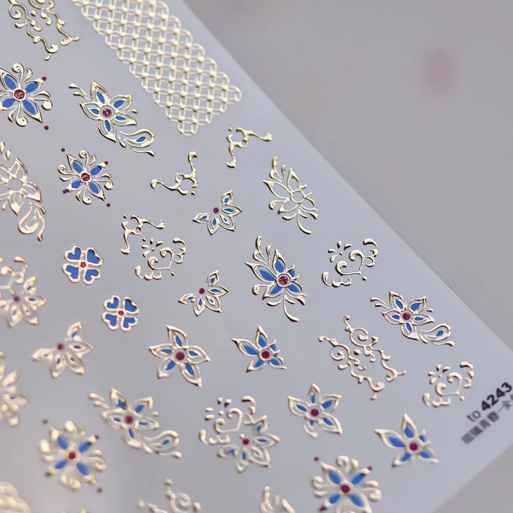 Elegant Gold Scepter 5D Nail Art Stickers Gorgeous Gemstone Luxury Courtly Pattern Necklace Frame Self Adhesive Manicure Decals