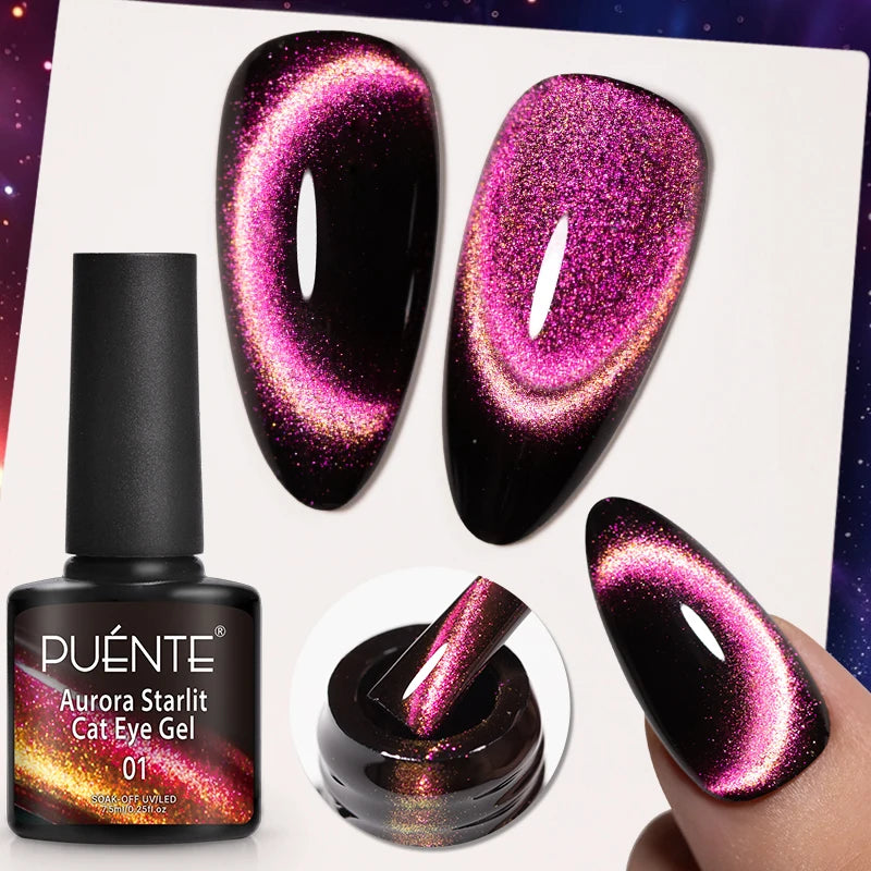 PUENTE 7.5ML Golden Gems Cat Magnetic Gel Nail Polish Pink Brown Blue Colors Golden Glitter Cat Eye Soak Off UV Nail Art Varnish