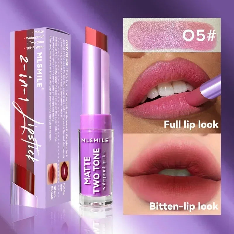 2 in 1 Matte Two Tone Waterproof Lipstick Long-lasting High-Pigment Color Lipliner Lipsticks Bitten-lip Gradual Change Lip Color