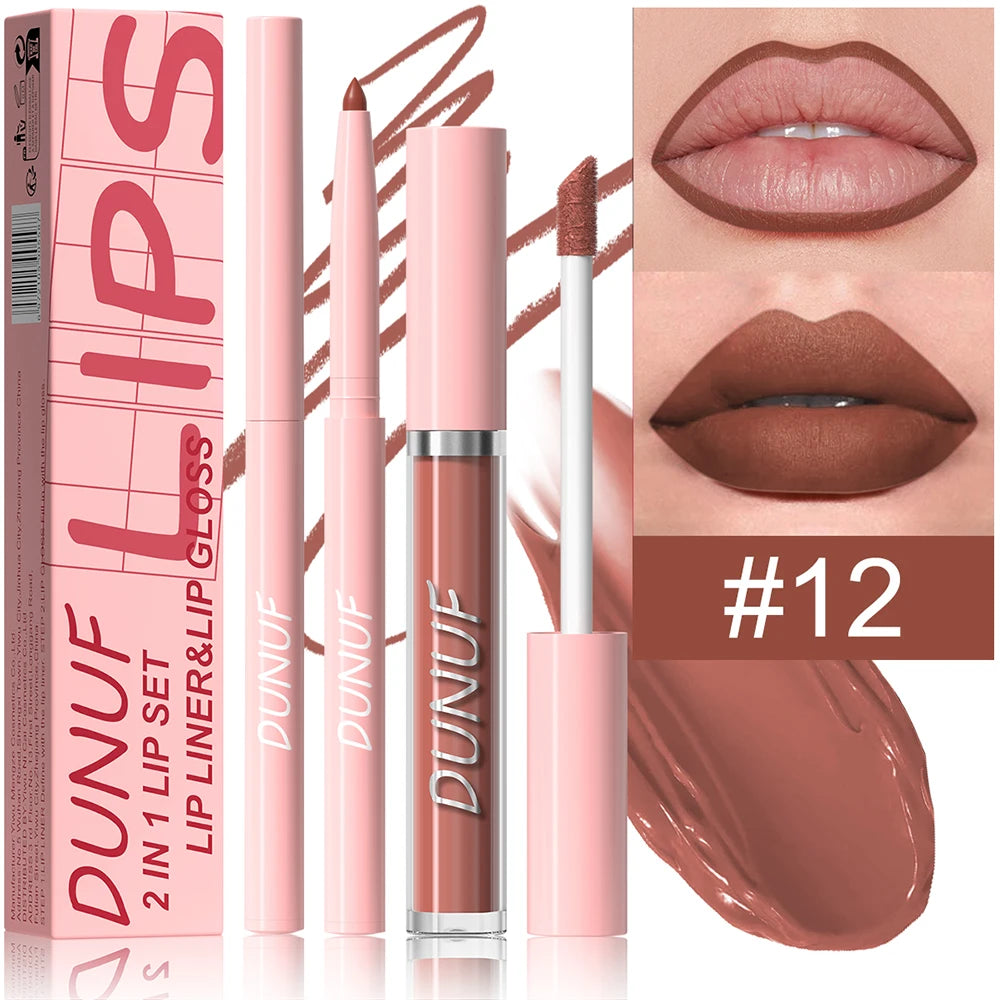 Matte Lip Gloss Lip Liner Set, 2pcs Waterproof Non-sticky Long-Lasting Lipstick, Nude Deep Red Mauve, Y2K Makeup Christmas Gift