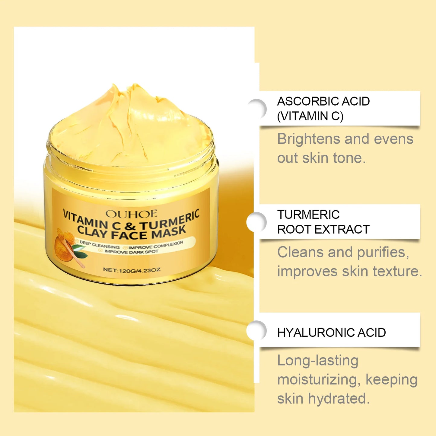 Vitamin C Turmeric Clay Mask, Brightening & Nourishing Facial Treatment, Hydrating Turmeric Face Mask