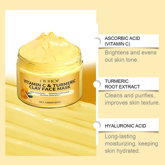 Vitamin C Turmeric Clay Mask, Brightening & Nourishing Facial Treatment, Hydrating Turmeric Face Mask