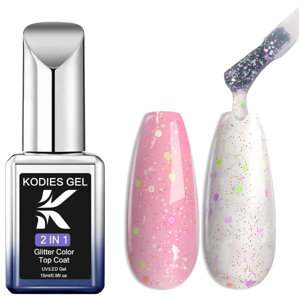KODIES GEL Glitter Top Coat Gel Nail Polish 2 In 1 Semi Permanent  UV Stars Moon Halo Top Coat No Wipe Manicure Nail Art Sealer