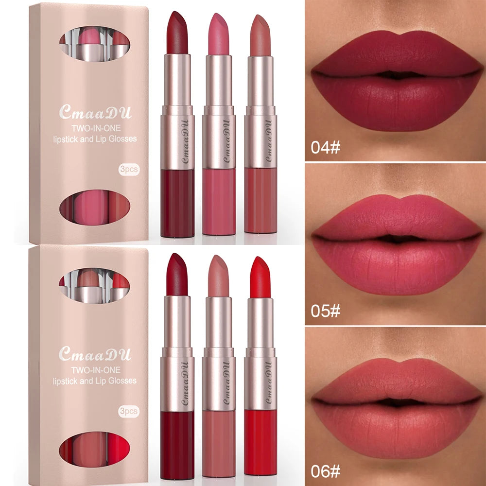 1/3Pcs Double Head Matte Lipstick Sexy Red Lip Gloss Set 2 in 1 Matte Lip Stick Non-stick Cup Lasting Waterproof Makeup Beauty
