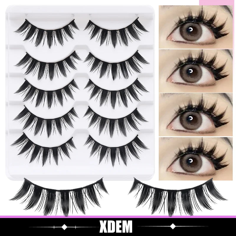 DINGSEN 5 Pairs Manga Lashes Cosplay Fake Eyelashes Strip Lash Soft Natural Look Fox Eye Korean Manhua Makeup False Eyelashes