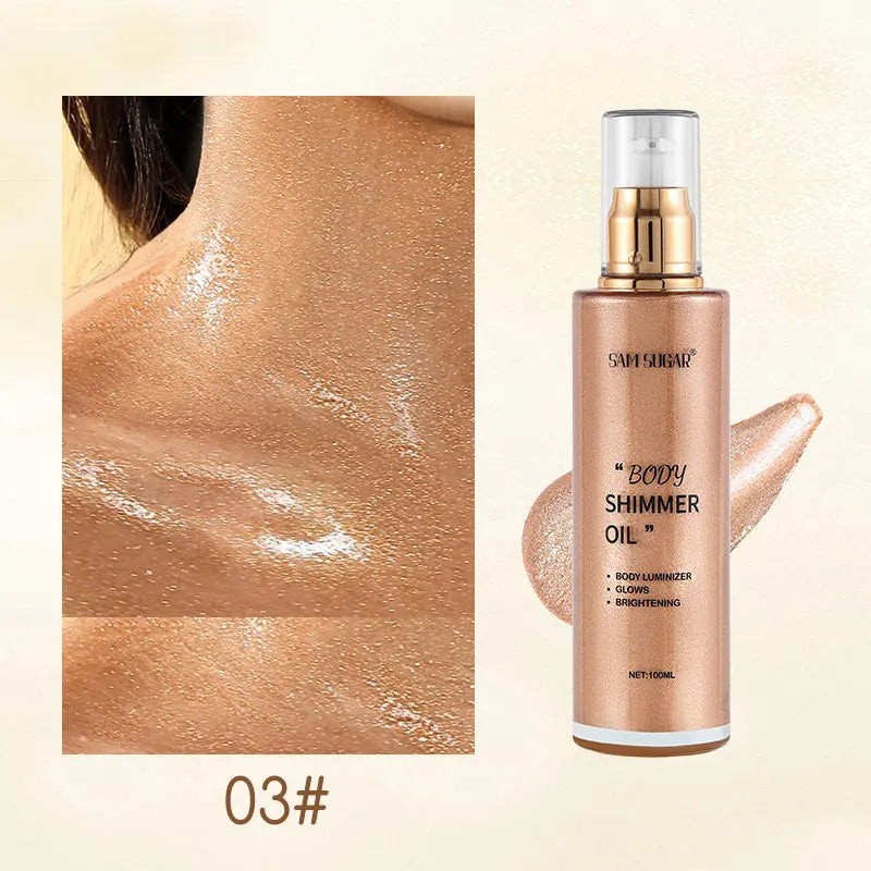 100ml Pearl Rose Gold Body Shimmer Oil Highlighter - Face Brighten Glitter Bronzer Skin Glow Illuminator Makeup Shine Liquid