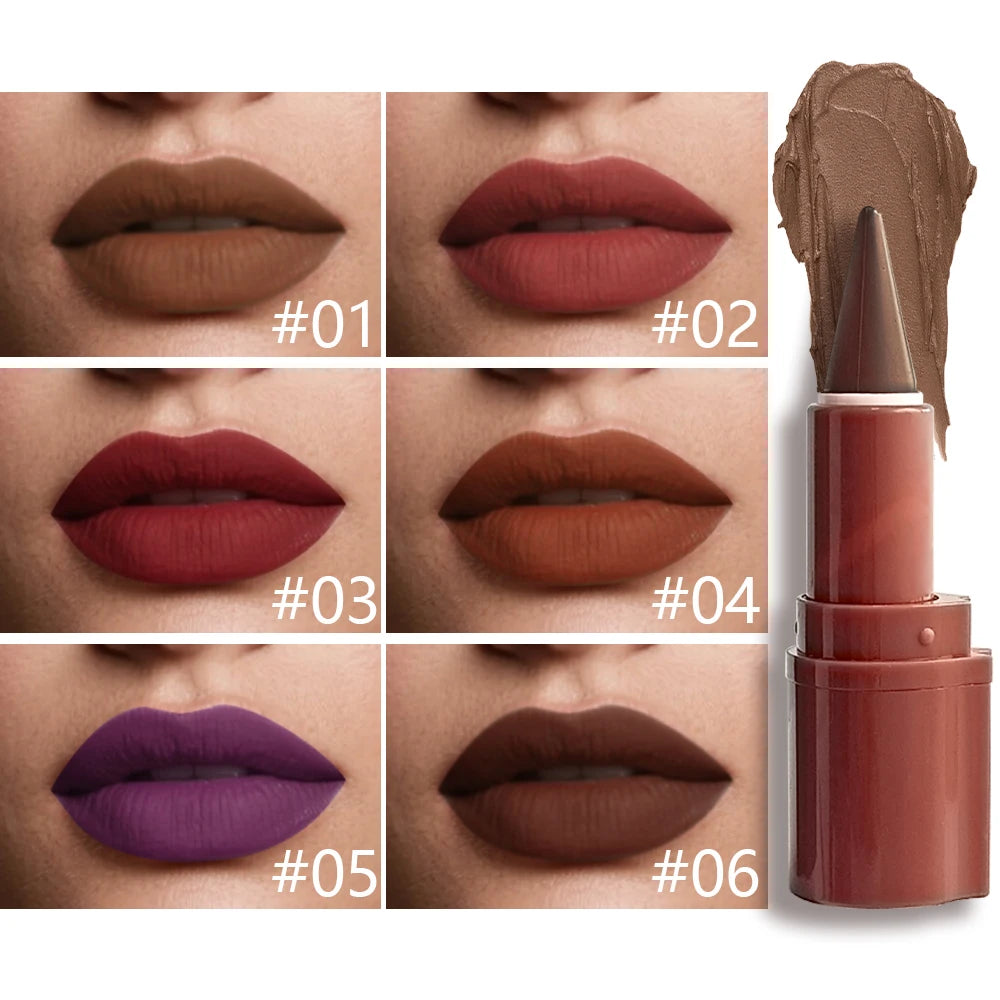 6pcs Matte Velvet 2-in-1 Cone-Shaped Tip Lipstick & Lip Liner Set - Long-Lasting Waterproof Gradient Effect Dual-Use Lip Gloss