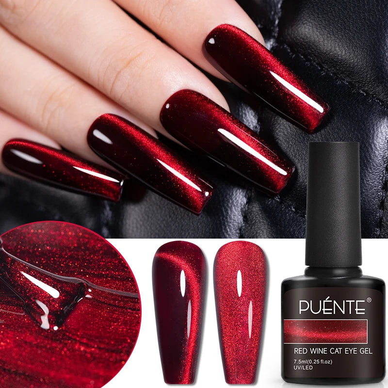 PUENTE 7.5ML Golden Gems Cat Magnetic Gel Nail Polish Pink Brown Blue Colors Golden Glitter Cat Eye Soak Off UV Nail Art Varnish