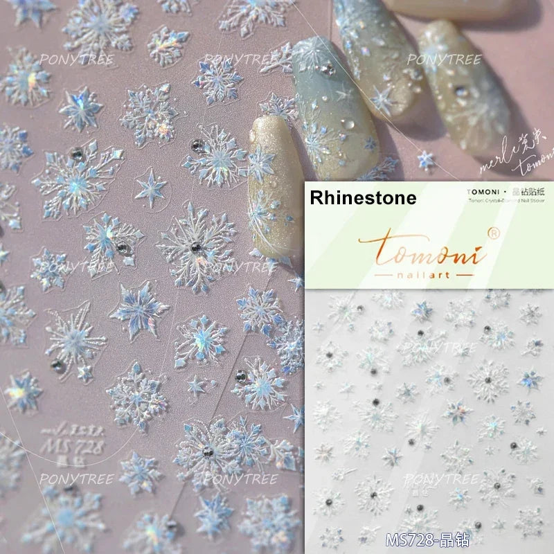 Flying Snowflakes Cold Winter Geometric Hexagon Star Romantic Adhesive Nail Art Stickers Embossment Rhinestone Manicure Decals