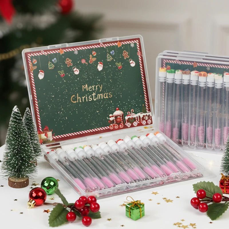 14pcs Gift Box Christmas Mascara Eyelash Brushes Set - Santa Snowflake Design Mascara Wand Makeup Brushes, Travel Eyelash Brush
