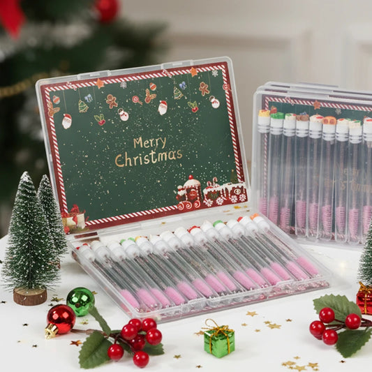 14pcs Gift Box Christmas Mascara Eyelash Brushes Set - Santa Snowflake Design Mascara Wand Makeup Brushes, Travel Eyelash Brush