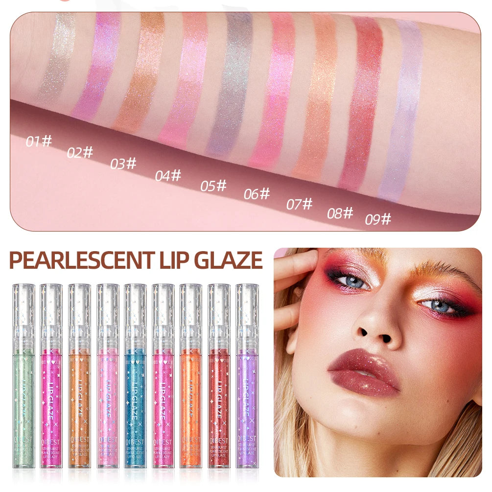 QIBEST 9Pcs/Sets Glitter Lip Glaze Liquid Lipstick Set Shine Lip Gloss Gift Box Natural Moisturizer Waterproof Lips Makeup