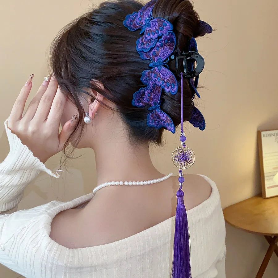 New Chinese Style Kniting Butterfly Hair Claws Women's Purple Long Flower Tassel Shark Grab Clips Vintage Hanfu Headpiece W