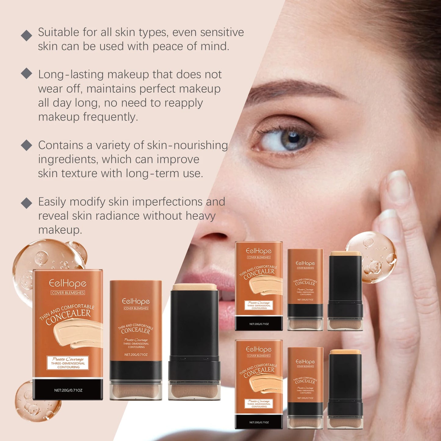 Concealer Foundation Stick with Brush Oil Control Brightening Makeup Natural Matte Finish Coverage Dark Circles Blemishes