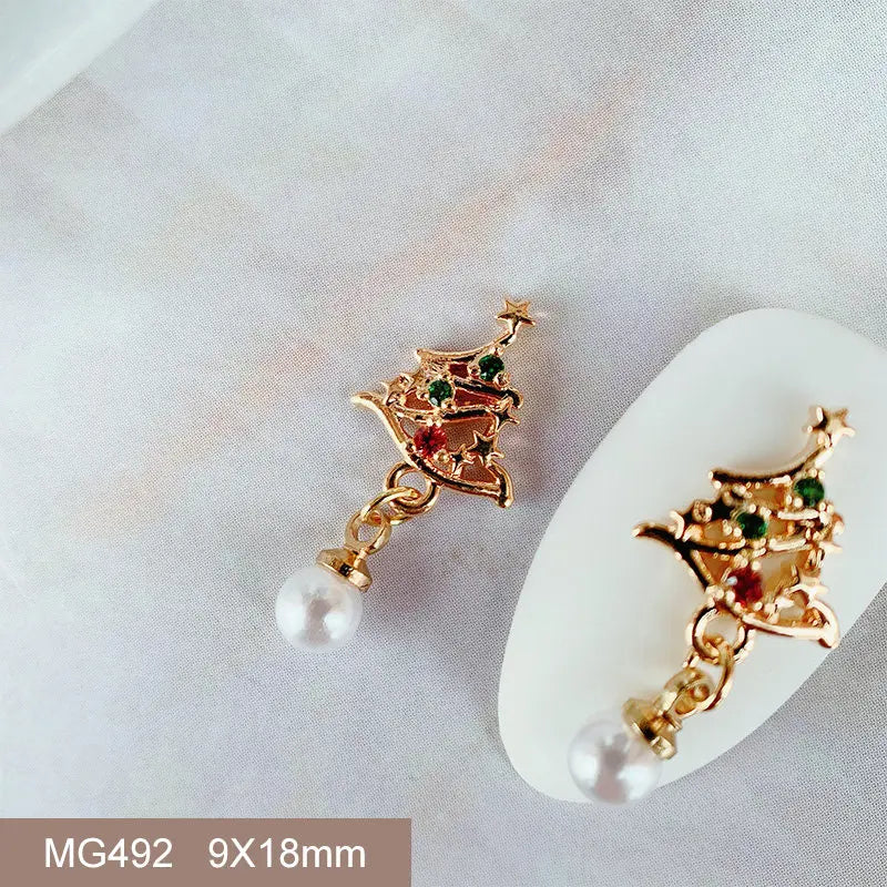 10pcs 3D Alloy Christmas Tree Bells Nail Art Zircon Pearl Metal Manicure Nails Accessories DIY Nail Decorations Supplies Charms
