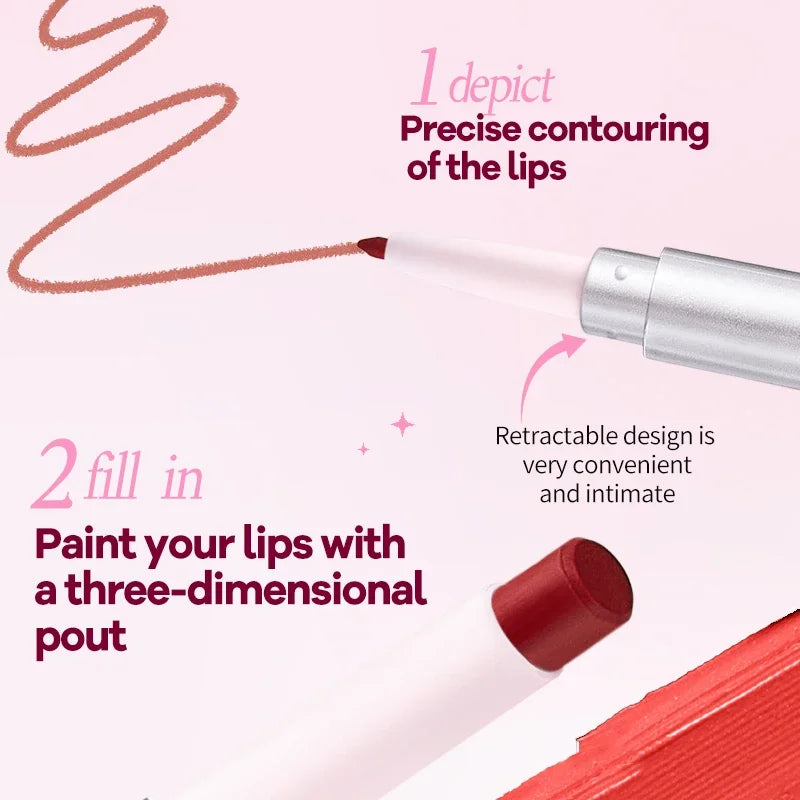 Matte Lip Liner Lipstick 2 In 1 Pen Long Wearing Non Transfer Sexy Red Rotating Double Headed Makeup Cosmetics