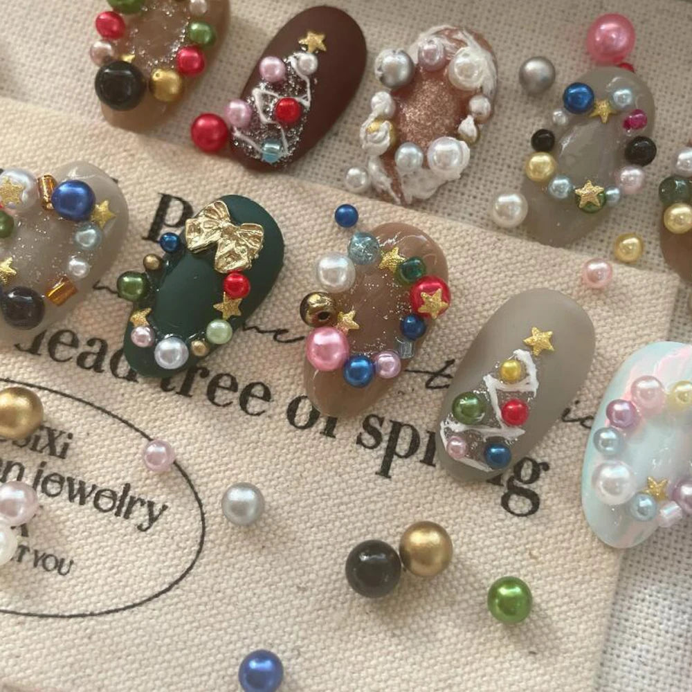 12Grids Christmas Red/Green Pearl Nail Rhinestone Mixed Size Pearlescent Colorful Beads Nali Charms Christmas Manicure Jewelry A