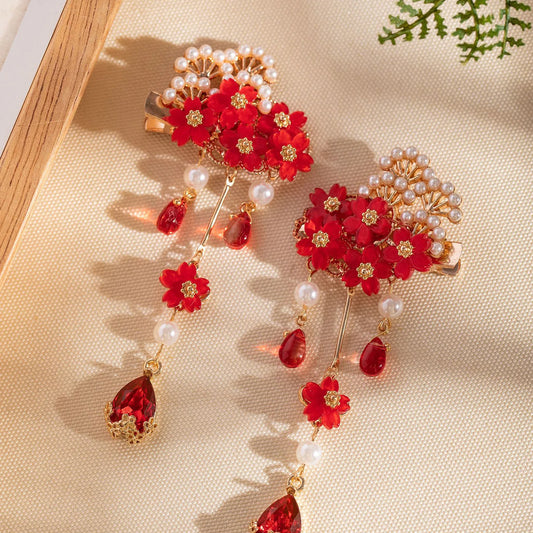 Red Glass Floral Hair Clips For Women Pearl Fringe Alloy Hairpins Vintage Wedding Hair Accessories Retro Crystal Alloy Barrettes