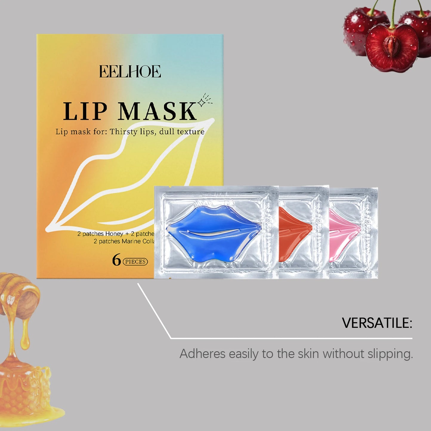 Collagen/Honey/Cherry Lip Mask Gel Patches Hydrating & Plumping Lip Treatment for Dry Lip Repair Fine Lines Clear Lip Care Patch