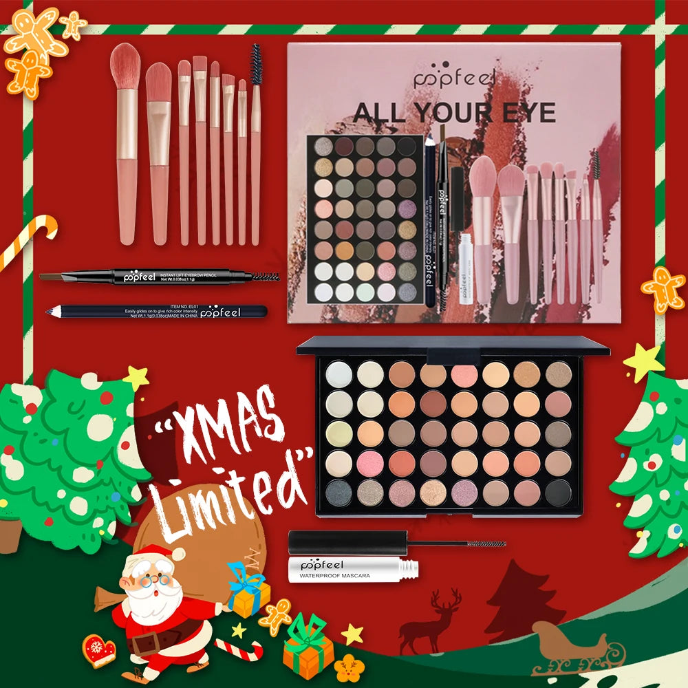 POPFEEL Christmas Eye Makeup Gift Set - Eyeshadow Palette, Eyeliner, Brow Pencil, Mascara-Perfect Eye Makeup Gift Set.