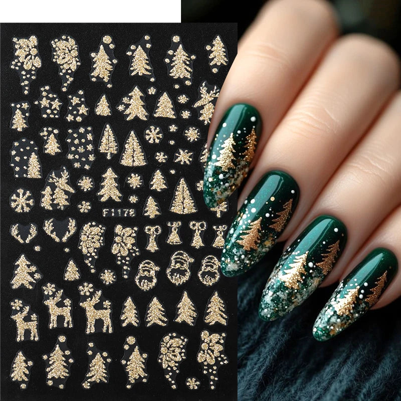 5pcs Sparkling Gold Glitter Christmas Nail Stickers Shiny Snowflake Xmas Tree Deer Polish Sliders Winter New Year Nail Art Decal