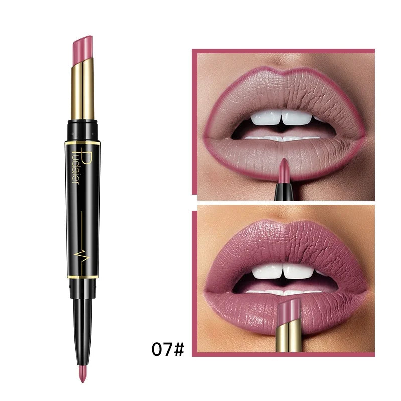 2 in 1 Lipstick and Lip Liner Pen, Matte Waterproof Long Lasting Lip Makeup Tool, Non-Fading Smooth Velvet Finish