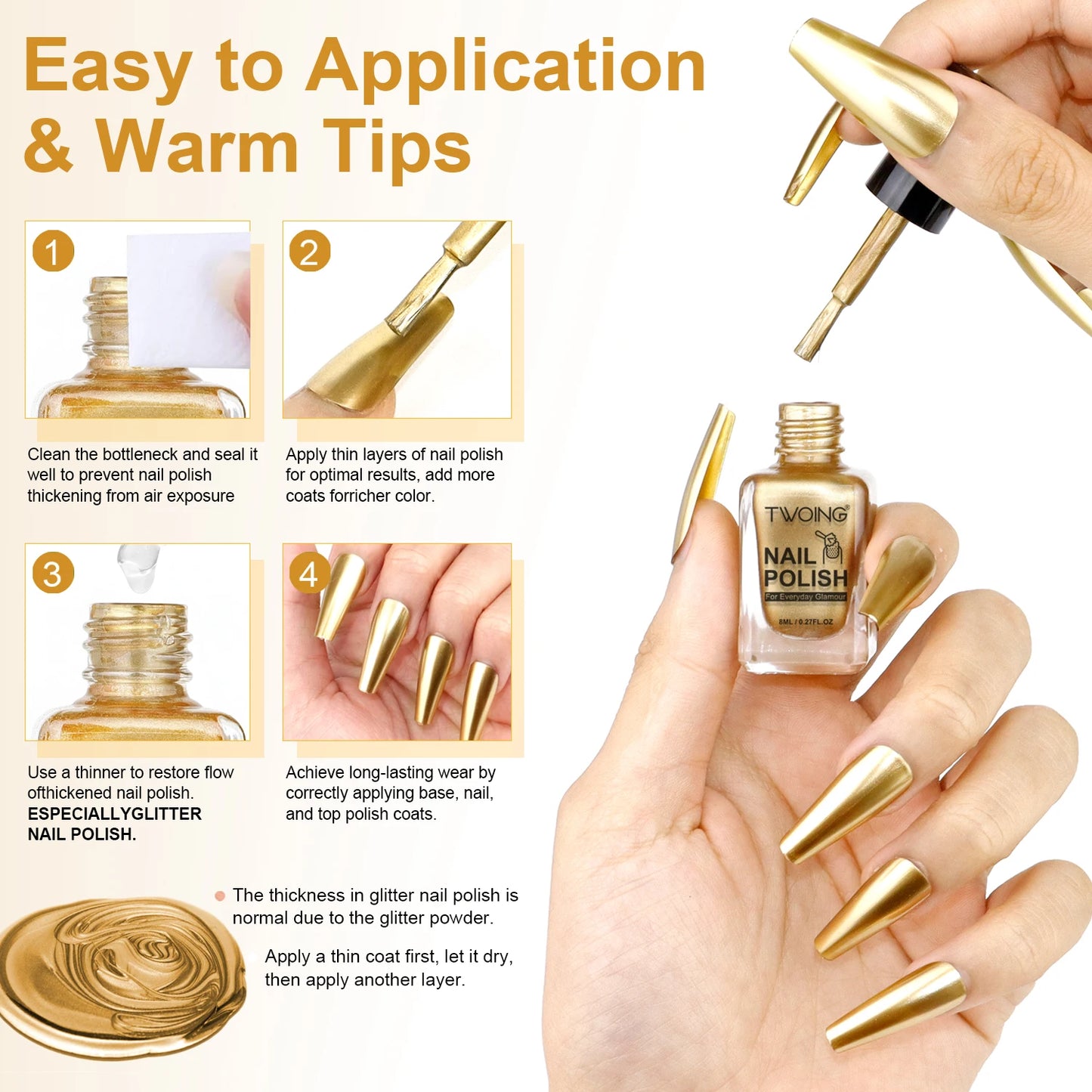 8ml Gold Metallic Nail Polish Bright Metal Mirror Nail Polish, Lasting，High Shine，Manicure Nail Lacquers Quick-Dry Manicure Art