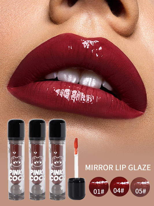 PINKCOCO Bear Doodle Mirror Lip Glaze — Long-Lasting Shiny Lip Gloss, Student-Friendly, Skin-Brightening Nude Lipstick