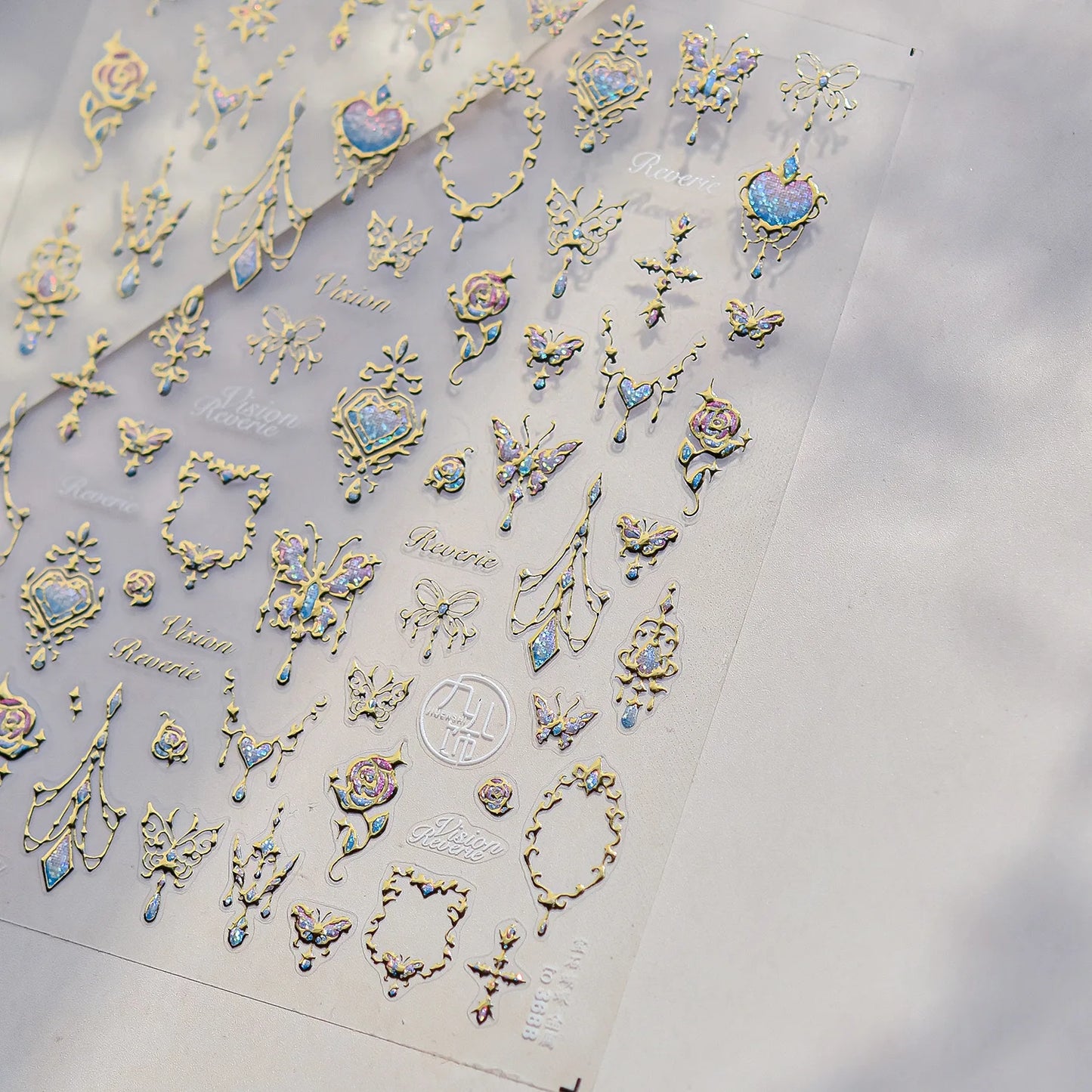 Elegant Gold Scepter 5D Nail Art Stickers Gorgeous Gemstone Luxury Courtly Pattern Necklace Frame Self Adhesive Manicure Decals