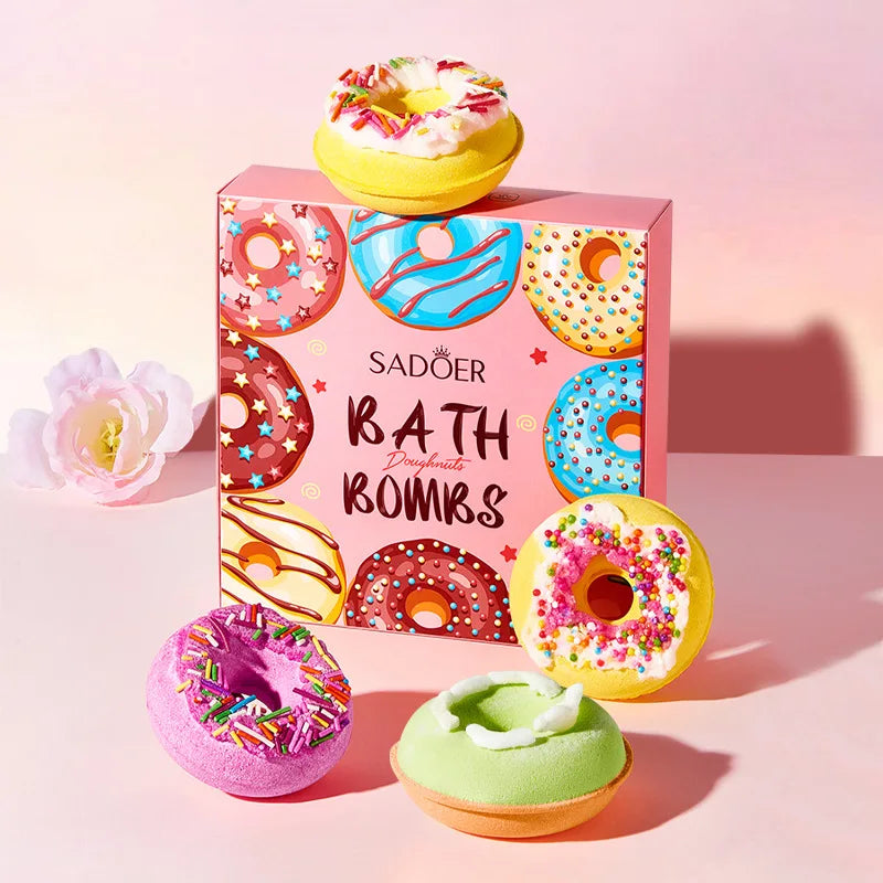 Donut Bath Bombs Set – 4pc Fizzy Bath Salts with Sea Salt & Shea Butter, Handmade Colorful Soak for Relaxing Bath Time