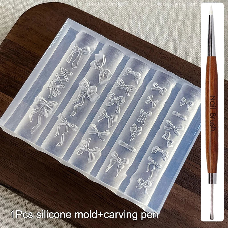 3D Silicone Flower Nail Carving Mold Acrylic Bowknot Floral Stamping Plate Nails Stencils Blossom DIY Clay Mold Nail Template
