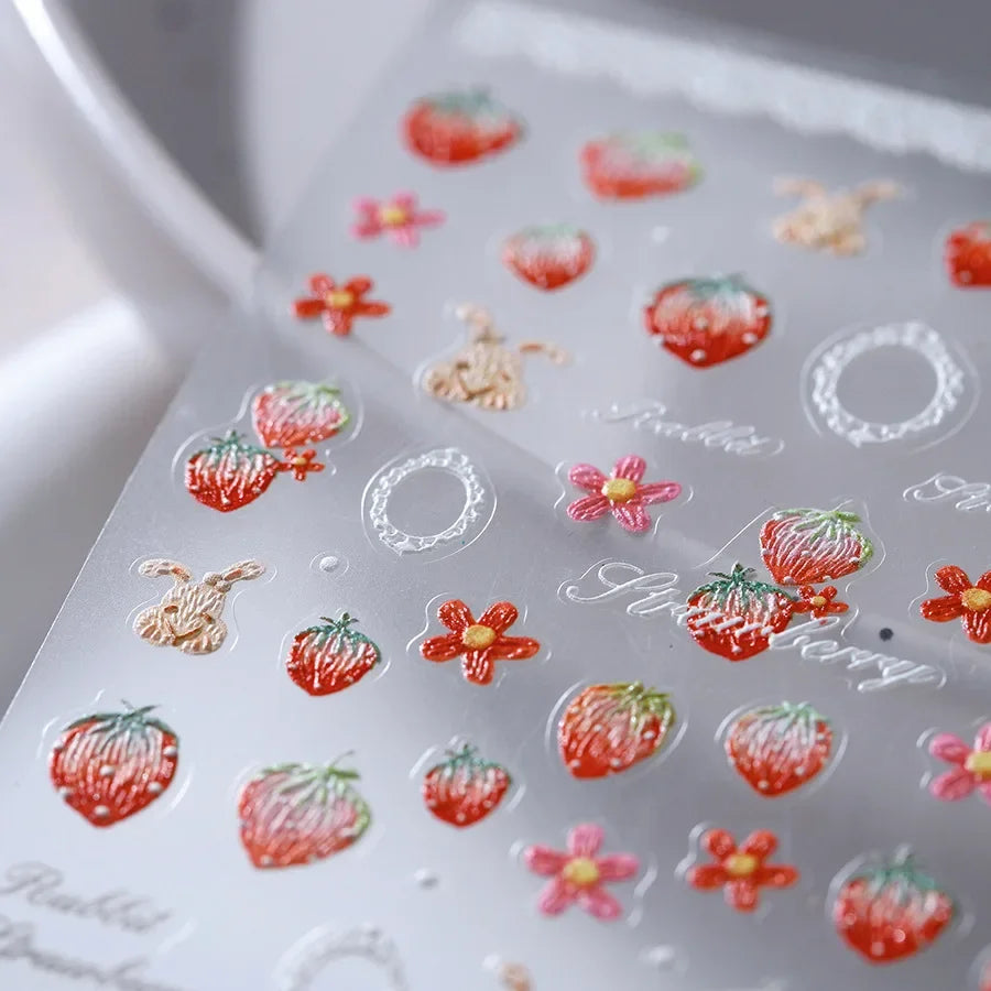 Pink Pudding Cherry Bowknot Heart shaped Star Claw Print Sweet Self Adhesive 5D Nail Art Decoration Sticker Manicure Decal DIY