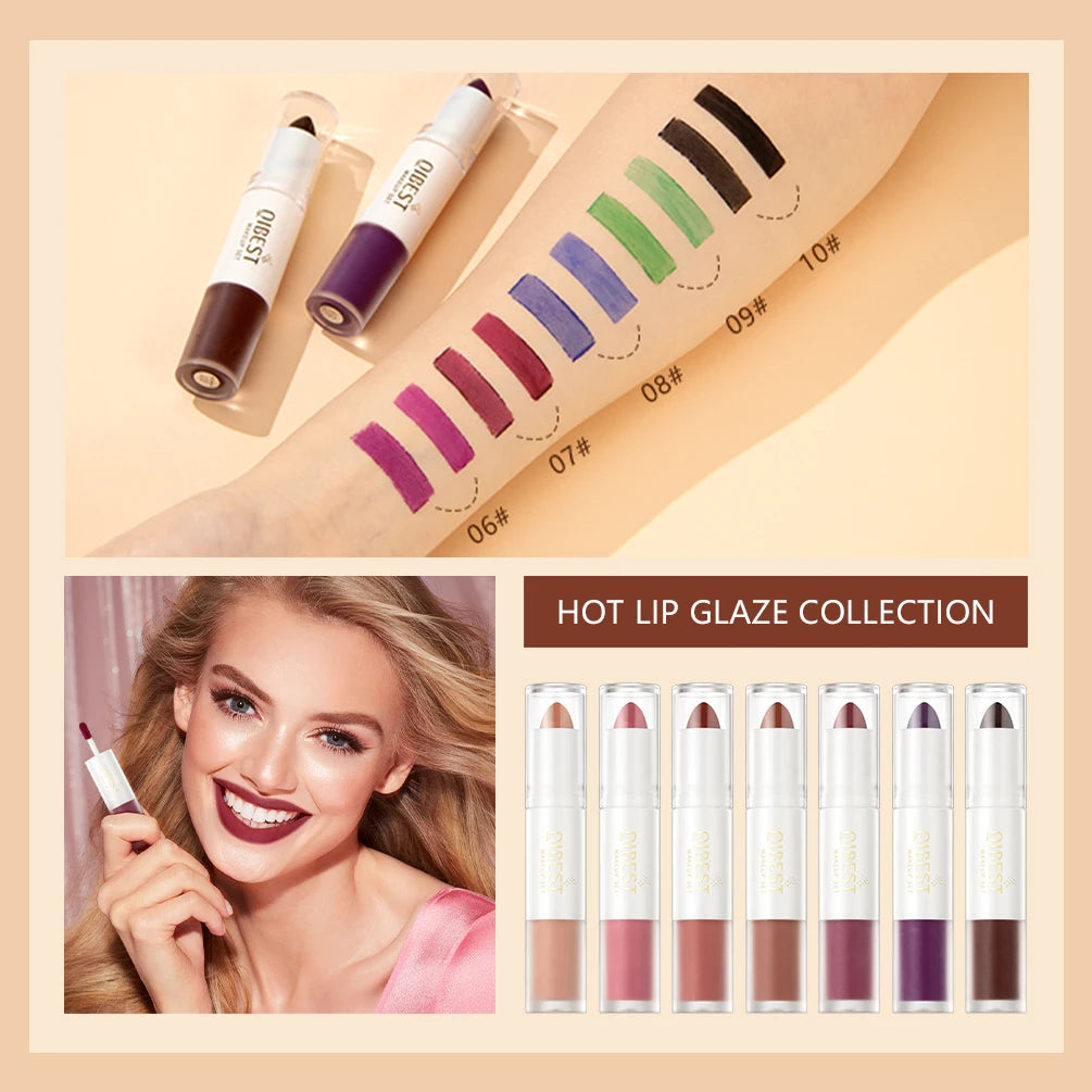 QIBEST 2 In 1 Matte Lipstick Lip Gloss Makeup Double Head Lip Satin Sexy Red Purple Lipgloss Long Lasting  Lip Tint Makeup