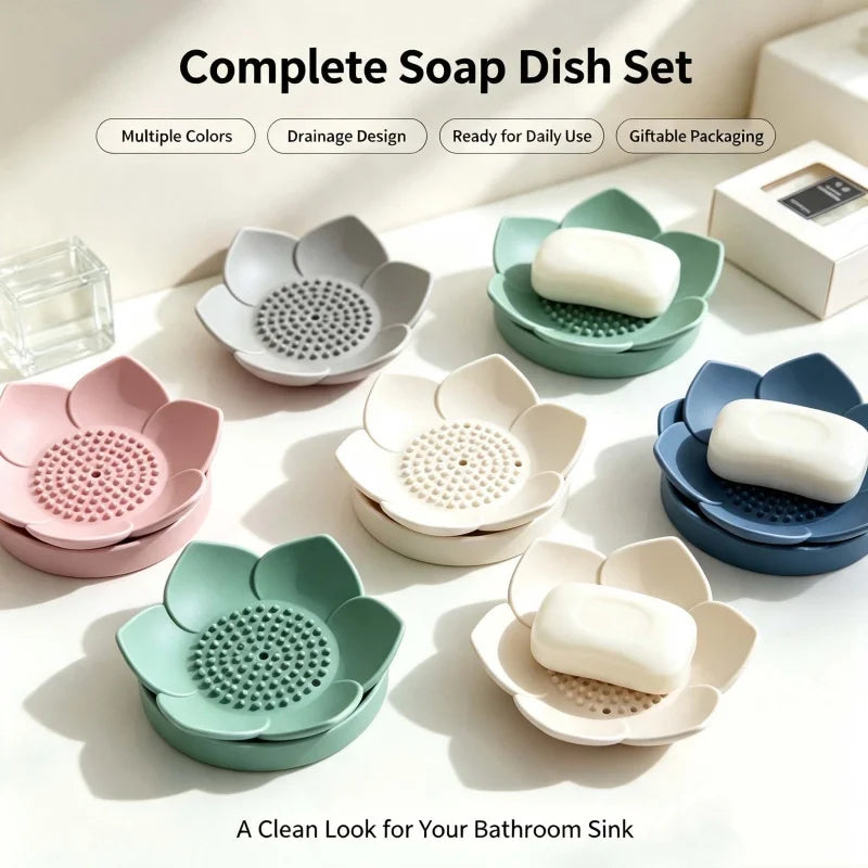 2Pcs Lotus Design Silicone Soap Holder with Drain, Drainage Soap Box, Portable Bathroom Shower Soap Storage Accessory