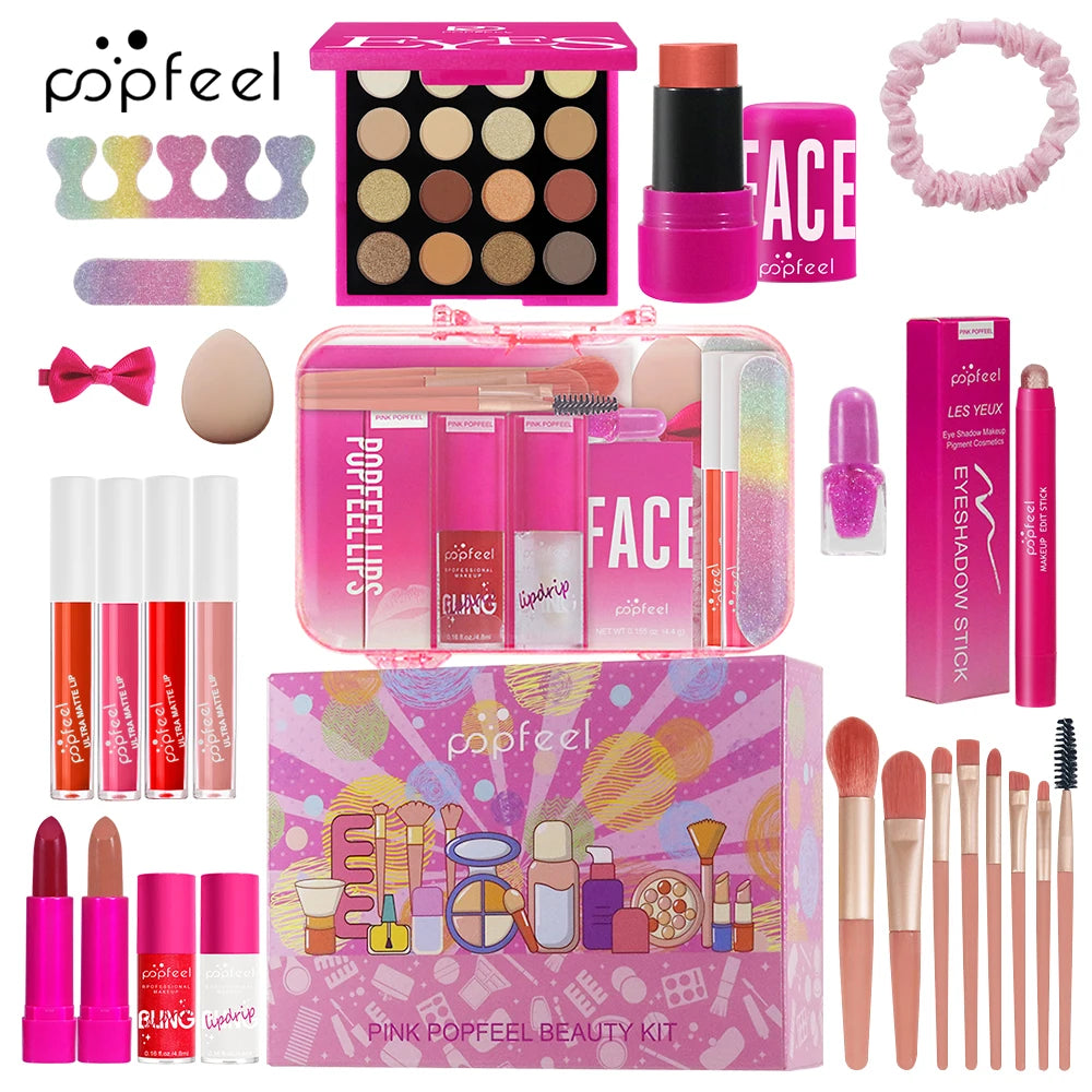 POPFEEL Pink Makeup Set - All-in-One Eyeshadow, Foundation, and Lipstick Kit for Holiday Celebrations and Christmas Gift Giving.