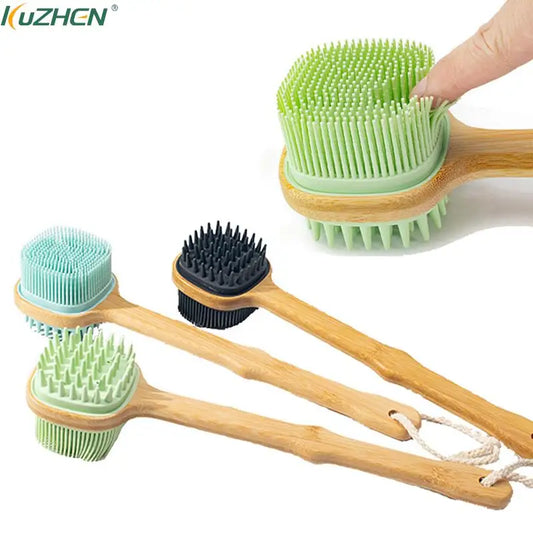 Silicone Brush Head Back Scrubber Shower Brush With Long Wooden Handle Dry Skin Exfoliating Body Massage Cleaning Tool