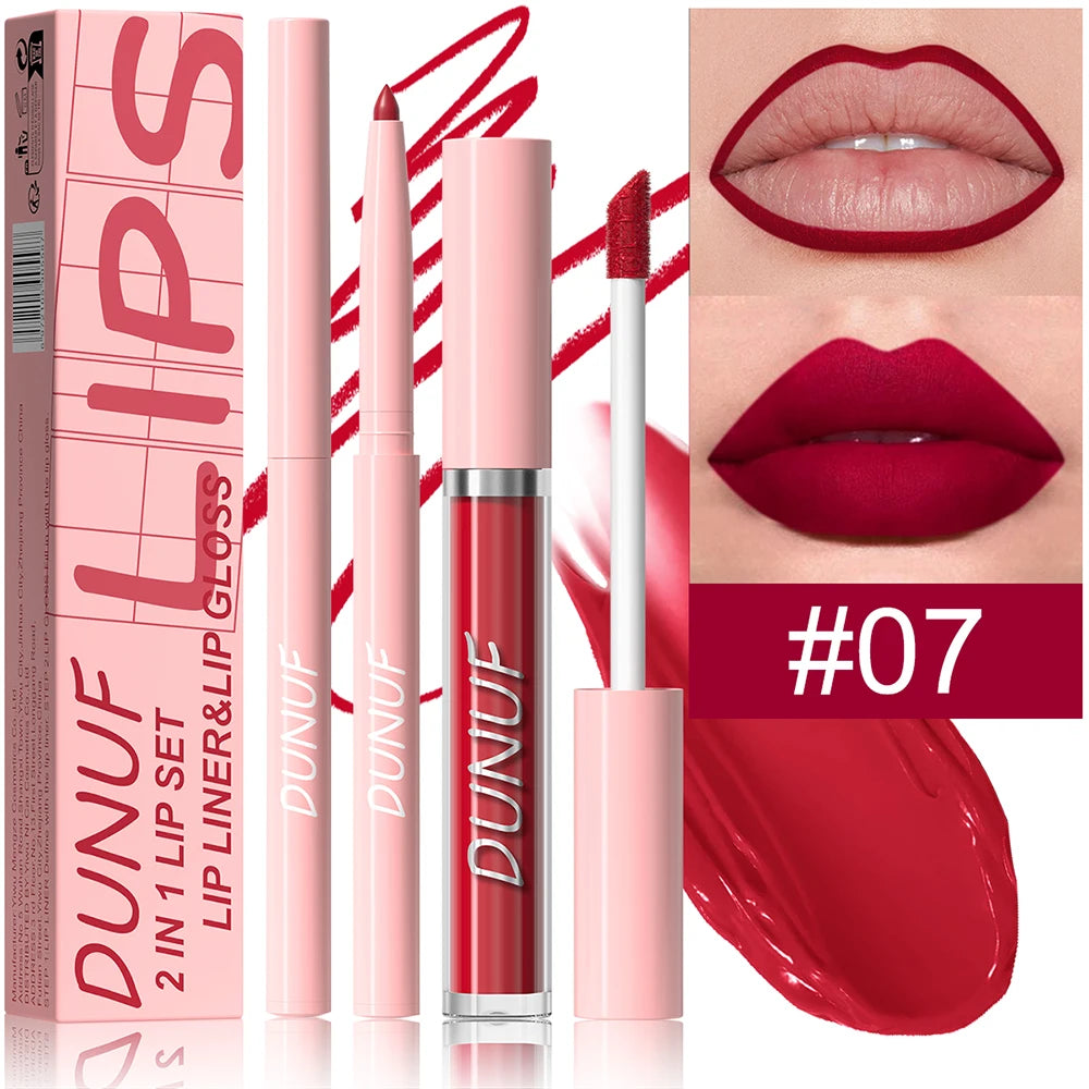 Matte Lip Gloss Lip Liner Set, 2pcs Waterproof Non-sticky Long-Lasting Lipstick, Nude Deep Red Mauve, Y2K Makeup Christmas Gift