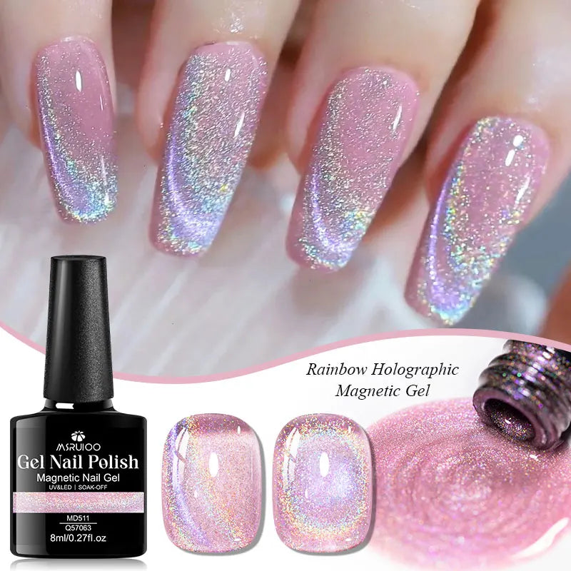 Rainbow Holographic Cat Magnetic Gel Nail Polish Laser Glitter Magnetic Semi Permanent Soak Off UV Gel Varnish Nail Supplies DIY