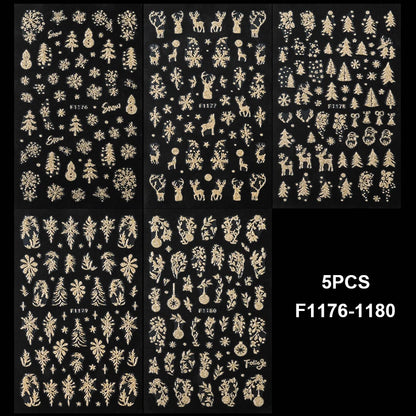 5pcs Sparkling Gold Glitter Christmas Nail Stickers Shiny Snowflake Xmas Tree Deer Polish Sliders Winter New Year Nail Art Decal